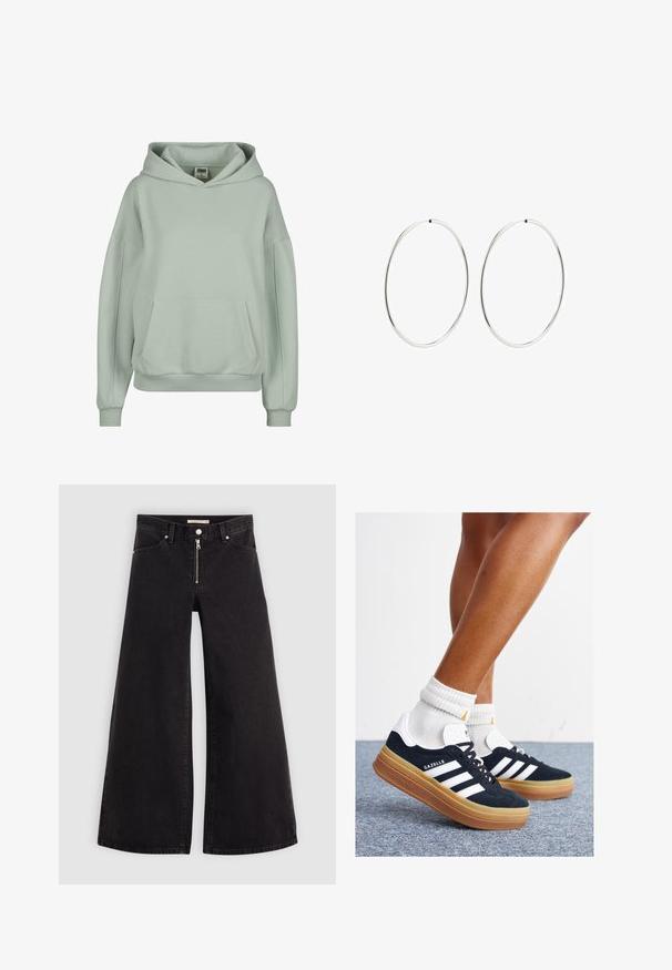 Svetlozelená mikina s klokaními vreckami, ribbovanými manžetami a spodným okrajom a veľkou nastaviteľnou kapucňou. Vyrobená z mäkkého a pohodlného materiálu.; Dlhé nohavice vo voľnom strihu z čierneho denimu so zipsom vpredu, päť vrecúškovým dizajnom a jemnými stehovými detailmi. Hladká textúra a neformálny štýl.; Čierne semišové tenisky s bielymi pruhmi a detailmi, so zaoblenou špičkou, podrážkou z gumovej gumy, doplnené bielymi rebrovanými ponožkami.; Strieborné kruhové náušnice s hladkým, okrúhlym dizajnom a lesklým povrchom. Sú tenké a ľahké, s jednoduchým uzáverom.