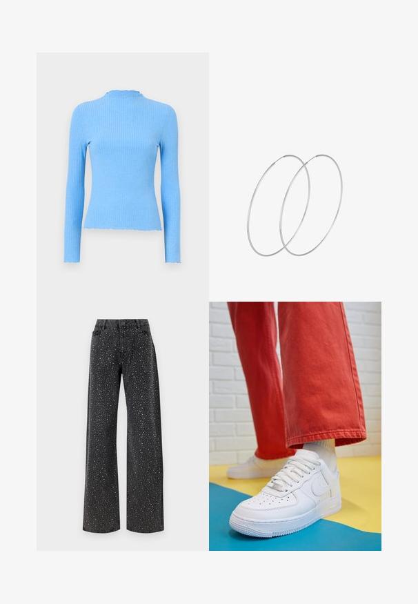 Dugi rukav s rebrastim uzorkom u svijetloplavoj boji, prilagođenog dizajna, okrugli ovratnik s valovitim rubom, glatka tekstura i bez vidljivih uzoraka.; Noisy May NMJANNEL LOOSE - Traperice opuštenog kroja - black denim; Bijele kožne tenisice s perforiranim prednjim dijelom, teksturiranim đonom i bijelim vezicama, u kombinaciji s širokim crvenim hlačama i plavo-žutom pozadinom.; Srebrne okrugle naušnice s minimalističkim dizajnom. Kružni oblik, glatka tekstura i tanak profil. Lagane s poliranim završetkom.