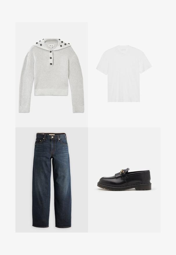 Lys grå, ribbestrikket genser med en kort design, fast med en knappestolpe og en hette prydet med blomsterformede detaljer.; Hvit bomulls t-skjorte med korte ermer, rund hals og rett nederkant. Glatt tekstur, minimalistisk design uten mønstre eller detaljer.; Mørkeblå jeans laget av denim, med rett ben-design, fem-lomme stil, og topstiching-accents med knappelukking.; Sorte skinnloafers med rund tå, dekorativ frynse og gullbeslag. Tyk gummisåle for ekstra grep og holdbarhet.