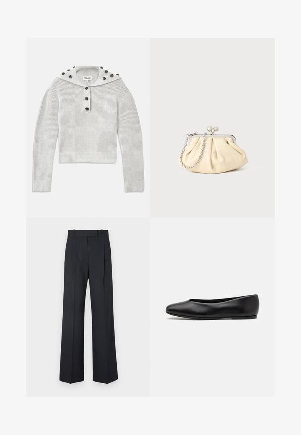 Světle šedý, žebrovaný pletený svetr s krátkým střihem, doplněný o zapínání na knoflíky a kapucí zdobenou květinovými prvky.; Tmavě modré kalhoty s pruhy, vysokým pasem, širokým nohavicemi a bez viditelného kování nebo ozdob. Hladká textura a přesně padnoucí střih.; Paul Smith TOPANGA - Klasické baleríny - black; Plisovaná béžová kožená kabelka na psaní s rámem ze stříbrného kovu, vybavená dvěma kulatými dekorativními uzávěry a stříbrným řetízkem.