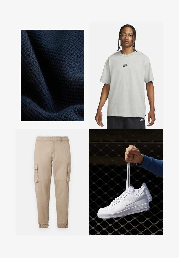 Tume mereva tekstuuriga kangas, millel on ruuduline muster, näidates pehmet, kootud välimust ja kerget sära.; Noor, kellel on punutud juuksed, kannab heledat halli Nike T-särki ja musti Nike lühikesi pükse,neutraalset valget tausta vastu.; Beežid cargo-püksid kergest puuvillaste materjalist. Omab elastseid varrukatükke, mitmeid külgpocket'ite ja nööbiga sulgemist.; Valged nahast tennisetossud, millel on perforatsioonid, ümar nina, lame tallus ja paksud nöörid, nähtava swooshi logoga ja "AIR" kontsadel.