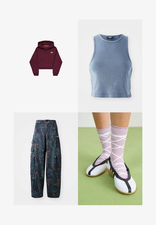 Burgundy lyhyempi huppari pehmeästä kankaasta, jossa on etutasku ja pieni logoleima rinnassa. Pitkät hihat joustavilla hihansuilla.; Vaaleansininen ribatetyt crop-top, jossa on pyöreä kaula-aukko ja hihattomuus. Pehmeä pinta ja pieni logo-tyyppitys helmaosassa.; Vihreät ja ruskeat camo-taskuhousut, joissa on useita taskuja ja löysä istuvuus, valmistettu kevyestä ja kestävästä kankaasta.; Valkoiset litteät kengät mustalla reunuksella ja pohjalla, yhdistettynä vaaleanliiloihin ribbatuiksi sukkiin, joissa on valkoiset ristikkäin nauhat. Taustalla vihreä väri.