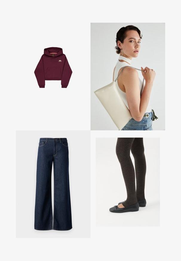 Burgundy cropped hoodie made of soft fabric, featuring a front pocket and a small logo accent on the chest. Long sleeves with ribbed cuffs.; Wide-leg jeans in dark blue denim. Features contrast stitching, five pockets, and a button closure at the waist. Smooth texture.; Black flat shoes with a small bow detail at the toe, paired with dark brown ribbed tights. Shoes have a smooth texture and low profile.; White rectangular clutch bag made of glossy material, featuring a silver chain strap. Model poses, showcasing the bag against a plain background.