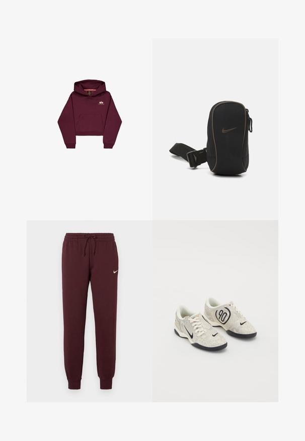 Bordowy krótki hoodie z miękkiego materiału, z kieszenią z przodu oraz małym akcentem logo na klatce piersiowej. Długie rękawy z prążkowanymi mankietami.; Bordowe dresy z elastycznym pasem i sznurkiem. Posiadają ściągacze u dołu nogawek oraz małe białe logo Nike na lewym udzie. Gładka tekstura.; Sneakers Nike z beżową i szaro teksturowaną cholewką, czarnymi akcentami, dużym logo "90" oraz białym wiązaniem. Czarna podeszwa.; Czarna saszetka Nike z zamknięciem na zamek, teksturowany materiał, brązowe akcenty i odczepiany pasek. Na przedzie widnieje wyraźne logo Nike.