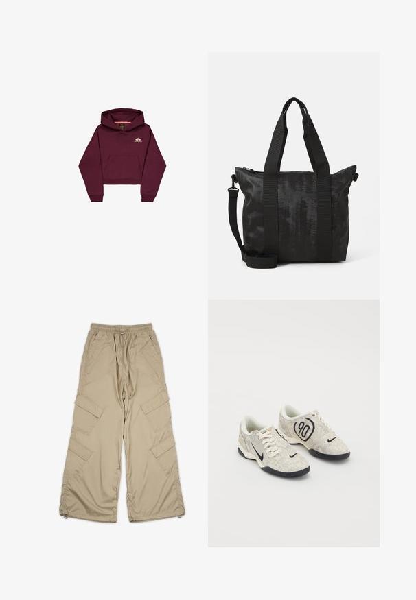 Burgundy lyhyempi huppari pehmeästä kankaasta, jossa on etutasku ja pieni logoleima rinnassa. Pitkät hihat joustavilla hihansuilla.; Beige cargo-housut jossa on vetoketjullinen vyötärö, useita sivutaskuja ja rento istuvuus. Valmistettu kevyestä, sileästä kankaasta, jossa on ompelut yksityiskohtia.; Nike lenkkarit, joissa on beigen ja harmaan sävyinen teksturoitu päällinen, mustia yksityiskohtia, suuri "90" logo ja valkoinen nauhakiinnitys. Musta pohja.; Mustat olkalaukku, jossa on teksturoitu kangas, kaksinkertaiset yläkahvat ja irrotettava olkahihna. Varustettu vetoketjulla turvalliseen säilytykseen.