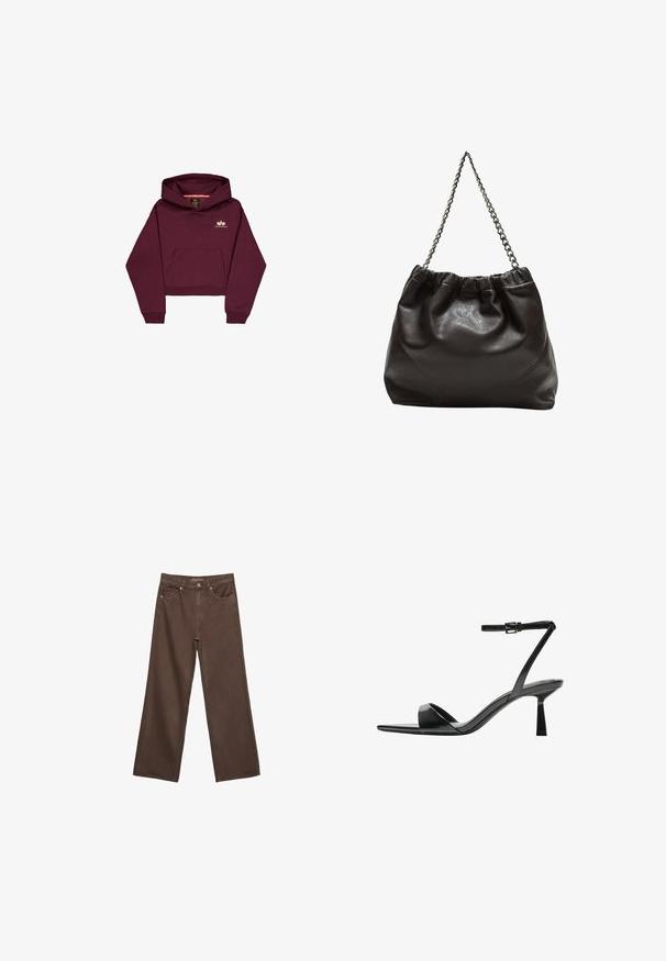 Burgundyröd cropped hoodie i mjukt tyg, med en framficka och en liten logotyp-accent på bröstet. Långa ärmar med ribbade mudd.; Breda bruna jeans i denim med hög midja, framfickor och klassisk knäppning. Slät textur med subtil sömnad.; Bershka Sandaletter - black; Brun läderväska med rynkad topp och kedjesnodd. Slät textur med en blankslipad yta och subtila sömdetaljer på sidorna.
