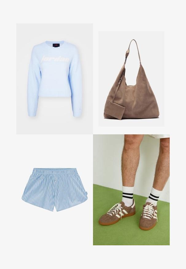 Maglione cropped azzurro chiaro realizzato in un morbido tessuto testurizzato. Presenta un grande logo bianco "jordan" nella parte anteriore e un piccolo logo sulla manica.; Pantaloni corti a righe blu e bianche con cinturino elasticizzato, due bottoni sul davanti e una vestibilità rilassata. Il tessuto sembra liscio con una consistenza leggera.; Sneaker in suede marrone con dettagli e lacci bianchi. Suola in gomma color gomma. Indossati con calzini bianchi con righe nere. Pavimento verde texturizzato.; Zign LEATHER - Shopping bag - light brown