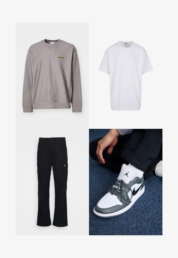 Felpa grigia con scollatura a girocollo, polsini a costine e un logo sottile in ricamo giallo e bordeaux. Realizzata in tessuto morbido e strutturato.; Maglietta bianca in cotone con maniche corte, scollatura rotonda, vestibilità comoda e senza loghi o motivi visibili. Texture liscia e design minimale.; Pantaloni cargo neri con design a gamba dritta, realizzati in tessuto resistente, con tasche laterali e un logo a patch sul lato sinistro.; Sneakers Nike Air Jordan 1 in pelle bianca e grigia, con un logo nero, punta perforata e lacci grigi piatti.
