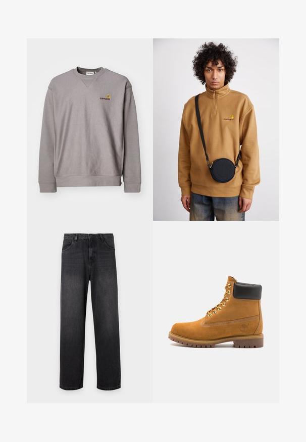 Grijze sweatshirt met een ronde hals, geribbelde boorden en een subtiele logo in geborduurd geel en bordeaux. Gemaakt van zachte, gestructureerde stof.; Donkergrijze denim jeans met een rechte pijpdesign, voorzien van een ritssluiting, vijf zakken en subtiele vervagingdetails op de stof.; Tan suède enkelboot met zwart gevoerd kraagje, gouden metalen oogjes, witte stikdetails en een robuuste rubberen zool met uitgesproken profiel.; Bruine fleece sweatshirt met kwart rits en geborduurd logo, met een zwarte ronde crossbody tas met rits en logo detail, gedragen over denim.