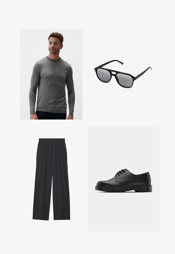 Maglione grigio lavorato a maglia con maniche lunghe, scollatura rotonda e polsini a costine. Il tessuto ha una texture liscia, un design aderente e un motivo sottile.; Pantaloni a gamba larga realizzati in tessuto grigio scuro. Presentano pences in vita, un design sartoriale e una silhouette dritta.; Scarpa oxford in pelle nera con design con lacci, punta arrotondata, suola piatta in gomma e dettagli di cucitura discreti lungo la parte superiore.; Occhiali da sole neri con montatura rettangolare, lenti grigie oscurate e design con intaglio sul ponte. Materiale plastico lucido e slanciato, con tempie sottili.