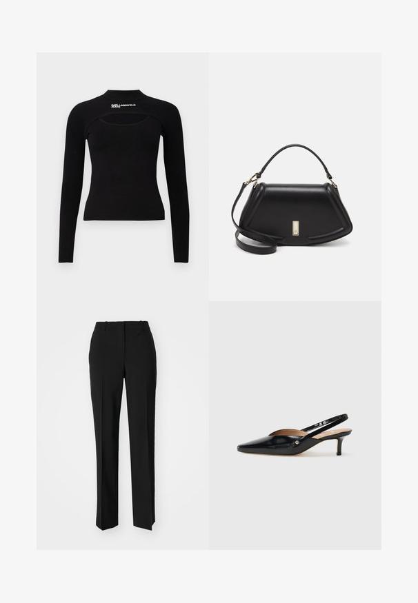 Svart långärmad topp i ribbad kvalitet. Har hög hals och urklippt detalj på bröstet. Logotyptext på axeln.; Svarta skräddarsydda byxor med rak benform, med en slät yta och skarpa veck fram. Ingen synlig hårdvara.; Svart lackläder slingback pumps med spetsig tå, liten klack och ett utskärningsmönster på ovandelen. Guldtonad hårdvara som accent på sidan.; Svart läderhandväska med en strukturerad design, som har en avskuren form, ett handtag upptill och guldiga detaljer. Justerbar axelrem ingår.