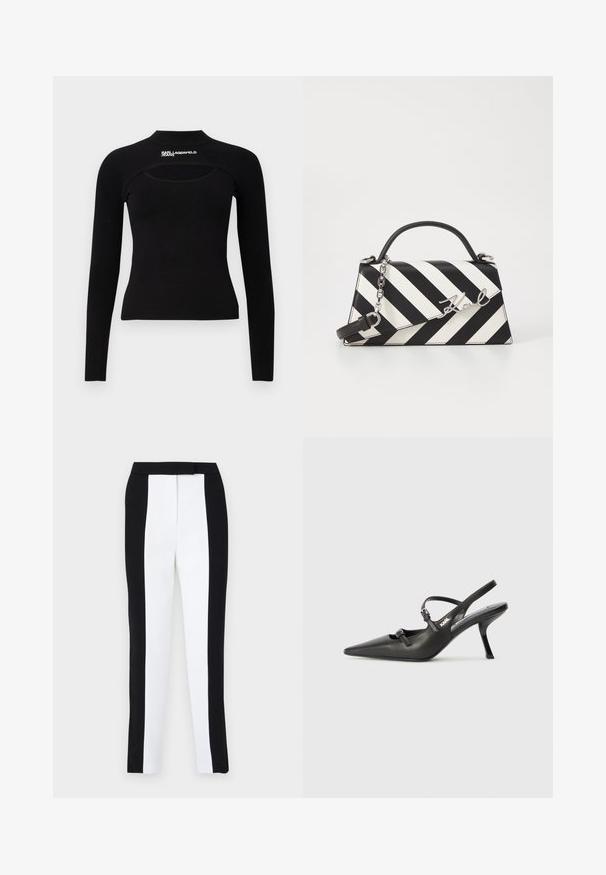 Camiseta negra de manga larga hecha de tejido acanalado. Presenta un cuello alto y un detalle de corte en el pecho. Texto del logo en el hombro.; Pantalones ajustados de corte tapered en blanco y negro, con un ajuste slim y paneles en contraste. La tela tiene una textura suave; la cinturilla es plana y ajustada.; Tacones slingback de cuero negro con punta afilada, tacón delgado y detalle decorativo de hebilla en la parte superior. Textura suave y diseño elegante.; Bolso de mano a rayas en blanco y negro con una forma estructurada, que cuenta con un asa superior, una correa de cadena desmontable y un acento de logo metálico.
