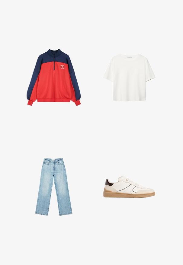 Pullover lungo a maniche con zip fino a metà colletto, di colore blu navy e rosso, con piccolo testo bianco e grafica del trifoglio sulla parte superiore del petto.; T-shirt bianco a maniche corte realizzato in cotone. Presenta un collo tondo e una vestibilità rilassata. Texture liscia senza motivi o dettagli visibili.; Jeans larghi in denim blu chiaro a vita alta, caratterizzati da un lavaggio sbiadito e da piccoli dettagli strappati sparsi.; Stradivarius Sneakers basse - white