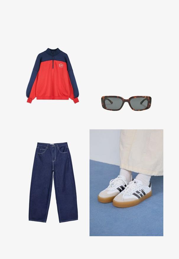 Námořnická modrá a červená dlouhá mikina s polovičním zipem a malým bílým textem a grafikou čtyřlístku na horní části hrudi.; Tmavě modré džínové kalhoty širokého střihu s vysokým pasem, pěti kapsami a kontrastním bílým šitím. Hladký povrch, klasický design.; Bílé tenisky s černými pruhy a béžovými semišovými akcenty. Mají texturovanou gumovou podrážku a ploché bílé tkaničky, nošeny s světlými ponožkami.; Sluneční brýle ve stylu želvoviny s obdélníkovými čočkami, silnými rámy a tmavými zbarvenými čočkami. Hladký povrch a minimalistický design.