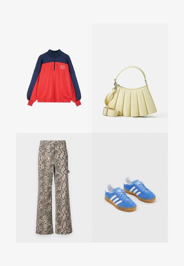 Marineblauer und roter Langarm-Pullover mit halbem Reißverschlusskragen und kleinem weißen Text sowie einem Kleeblatt-Graphic auf der oberen Brust.; Weite Hosen im Faux-Schlangenledermuster, mit Nuancen von Beige und Schwarz, einem glatten Material und einem Standardbund.; Blaue Wildleder-Sportschuhe mit weißen Streifenakzenten, Gummisohle und gepolsterter Kragen für Komfort. Verfügt über ein klassisches Schnürdesign.; Faltenhandtasche aus weichem, gelbem Material mit einem geschwungenen Griff. Verfügt über einen abnehmbaren, verstellbaren Gurt und eine glatte Textur mit minimalem Zubehör.