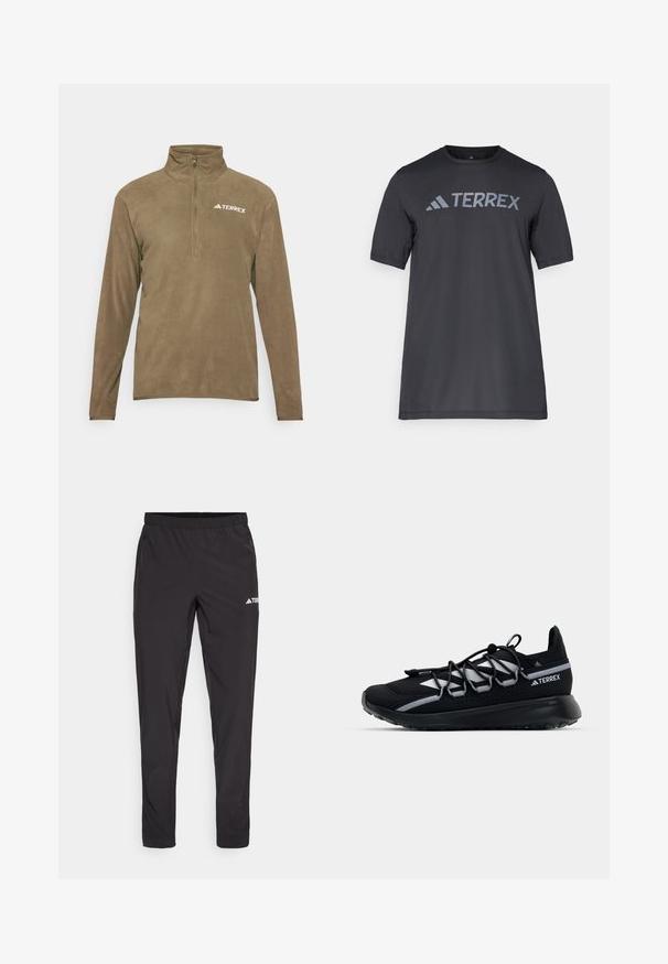 Brūns vilnas džemperis ar pusvērtīgu apkakli, ar balto "TERREX" logo kreisajā augšējā pusē. Mīksta tekstūra un garām piedurknēm.; Melna īsām piedurknēm T-kreklu, kas izgatavots no viegla auduma, ar gaismu pelēku "TERREX" logo krūšu daļā un apaļu kakla izgriezumu.; Melni sporta bikses ar elastīgu jostasvietu, divām sānu rāvējslēdzēju kabatām un logo augšējā labajā kājā. Gluds, viegls audums.; Melns sporta apavs ar acs materiālu augšdaļu, atstarojošiem akcentiem, elastīgajām šņorēm un teksturētu gumijas zoli. Iezīmējas elegants dizains veiktspējai.