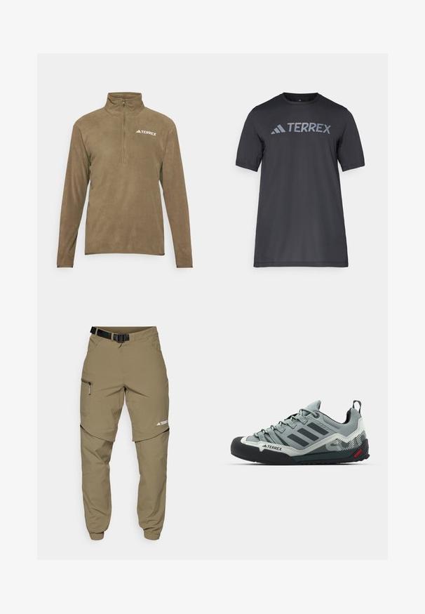 Brown fleece pullover with half-zip collar, featuring a white "TERREX" logo on the upper left. Soft texture and long sleeves.; Black short-sleeve t-shirt made of lightweight fabric, featuring a light gray “TERREX” logo across the chest and a crew neckline.; Khaki outdoor pants with a adjustable black belt, zippered pockets, tapered cuffs, and detachable lower legs for versatile styling.; Gray climbing shoes featuring a textured upper, black rubber toe cap, three dark stripes, and a small red accent on the sole.