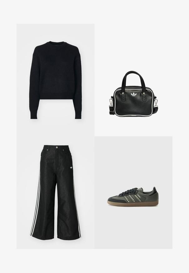 Schwarzer, kurz geschnittener Pullover mit Rundhalsausschnitt, langen Ärmeln, strukturierter Strickware sowie gerippten Bündchen und Saum. Einfaches und modernes Design.; Schwarze, weit geschnittene Jeans mit drei weißen Streifen an jeder Seite und einem kleinen weißen Logo. Mit vorderen Taschen und einem Knopfverschluss.; adidas Originals SAMBA OG - Sneaker low - core black/legend earth/gum; Schwarze Lederhandtasche mit zwei kurzen Griffen, silbernem Zubehör, weißen Akzenten und einem weißen Logo. Verfügt über eine strukturierte Oberfläche und ein kompaktes Design.