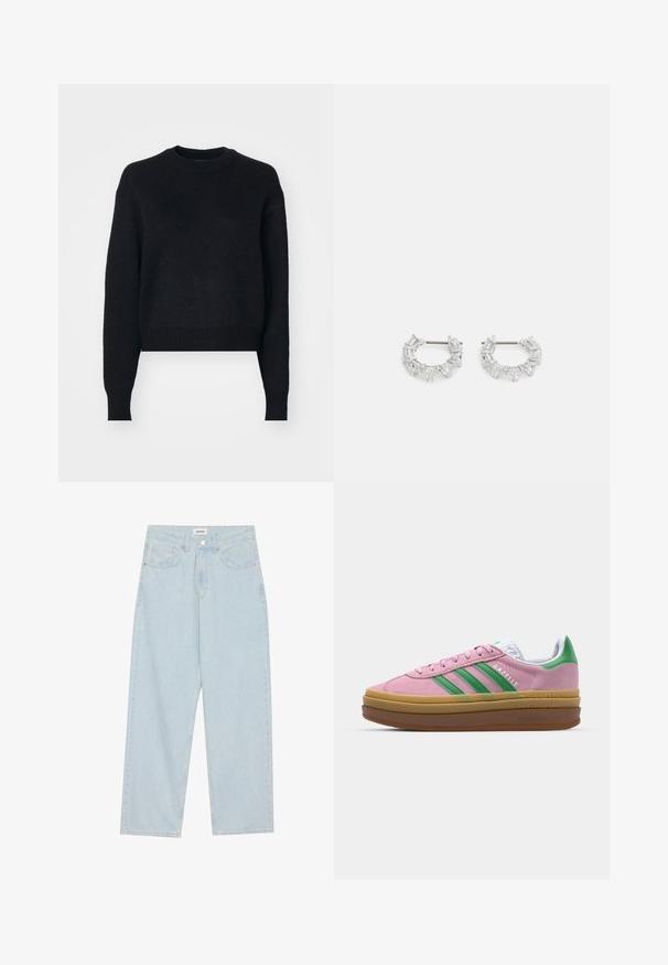 Zwarte cropped trui met een ronde hals, lange mouwen, textuurgehaakt stof en geribbelde manchetten en zoom. Eenvoudig en modern ontwerp.; Lichtblauwe wijde spijkerbroek van denim, met een middellange taille, vijf zakken en een knoopsluiting met een slanke metalen accent.; Roze suede sneakers met groene strepen, witte accenten en een bruine rubberen zool. Heeft een gestructureerde stof en logodetails aan de zijkant.; Zilveren hoepeloorbellen met rechthoekige en driehoekige heldere kristallen, gerangschikt in een cirkelvormig patroon met een centrale post voor het bevestigen.