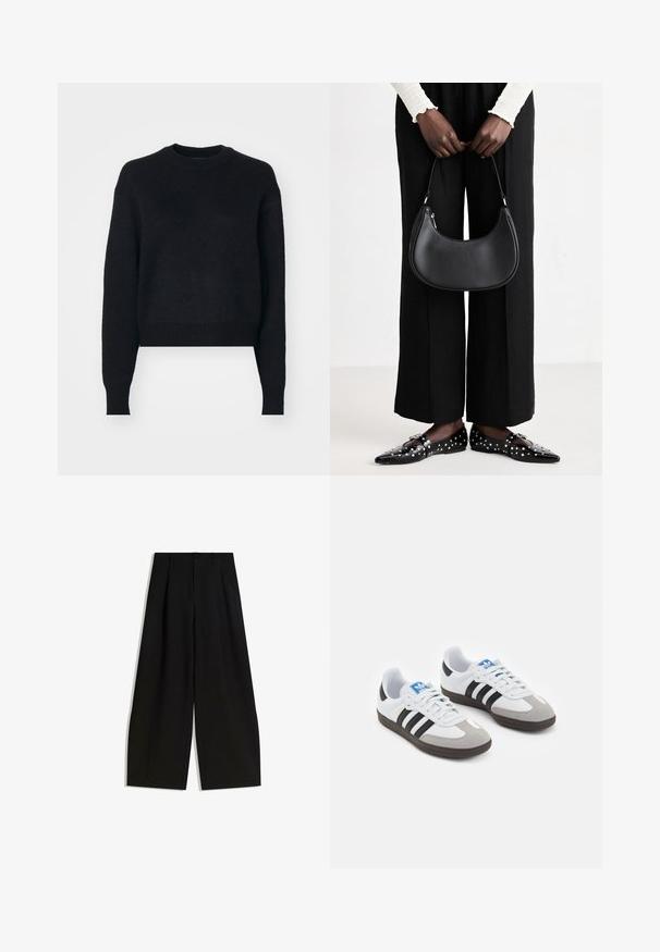 Crni skraćeni pulover s okruglim izrezom, dugim rukavima, teksturiranim pletenim materijalom i rebrastim manžetama i rubom. Jednostavan i moderan dizajn.; Crne široke hlače izrađene od glatkog materijala, s visokim strukom, nabranim detaljima sprijeda i bez vidljivih ukrasa ili uzoraka.; Sportske cipele s gornjištem od bijele kože, sivi suedinasti nos i tri crne pruge. Imaju plavi logo na jeziku i teksturiranu gumenu podlogu.; Crna kožna torba preko ramena zaobljenog oblika, s sjajnom završnom obradom i srebrnim hardverom. Osoba nosi crne hlače širokog kroja i loaferice sa studovima.