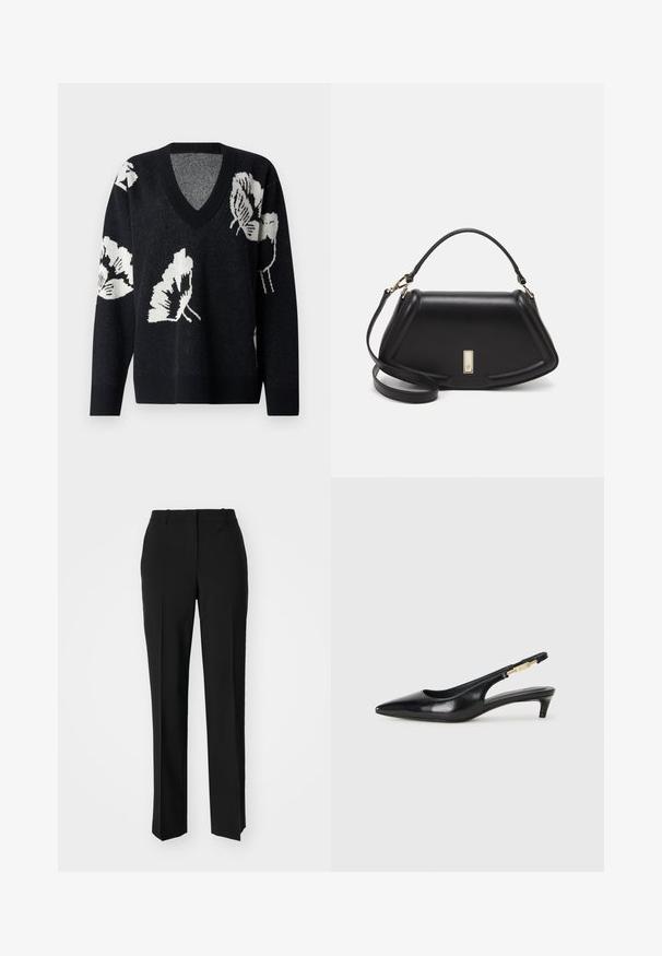 Melnā adīšanas džemperis ar V veida kaklu, garām piedurknēm un baltām ziedu rakstām. Audums šķiet mīksts un silts.; Melnas pielāgotas bikses ar taisnu kāju dizainu, kas raksturojas ar gludu faktūru un asiem krokām pa priekšu. Nav redzamu metāla detaļu.; Melnas ādas slingback zābaki ar smailu purngalu, ar šauru papēdi un zelta krāsas akcentu uz regulējama siksniņas. Gluda tekstūra.; Melnas ādas roku soma ar struktūru, ar īsu formu, augšējo rokturi un zelta aksesuāriem. Iekļauta regulējama plecu siksna.