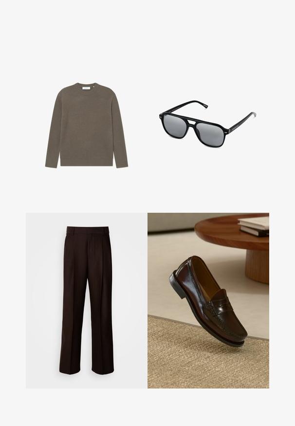 Geribbelde gebreide trui in aardse bruintint, met een ronde halslijn en lange mouwen, een gestructureerde afwerking en een subtiele merklabel.; Bruine op maat gemaakte broeken met een recht design, voorzien van een voorplooien, een gladde textuur en een klassieke tailleband. Geschikt voor formele gelegenheden.; Bruine leren instappers met een glanzende afwerking, voorzien van een gestikt detail aan de voorkant en een low-profile zwarte rubberen zool.; Zwarte zonnebril met rechthoekige montuur, grijs getinte glazen en een uitgesneden ontwerp bij de neusbrug. Strak, glanzend kunststof materiaal met smalle veren.