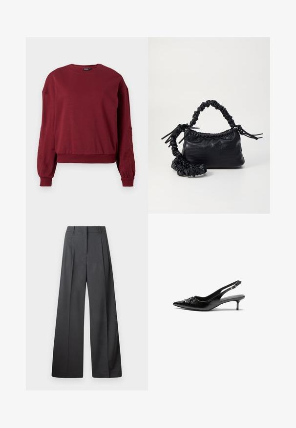 Burgundy long-sleeve sweatshirt with crew neck, ribbed cuffs and hem, featuring subtle floral embroidery on the sleeves.; Wide-leg trousers in dark gray fabric, featuring a high waist, single pleats, and a smooth texture with a clean finish at the hems.; Black leather slingback heels with a pointed toe, low kitten heel, and gathered detail on the vamp. Smooth texture and minimalist design.; Black faux leather handbag with a crocodile texture, cinched top, and a scrunched strap. Appears soft and compact in design.