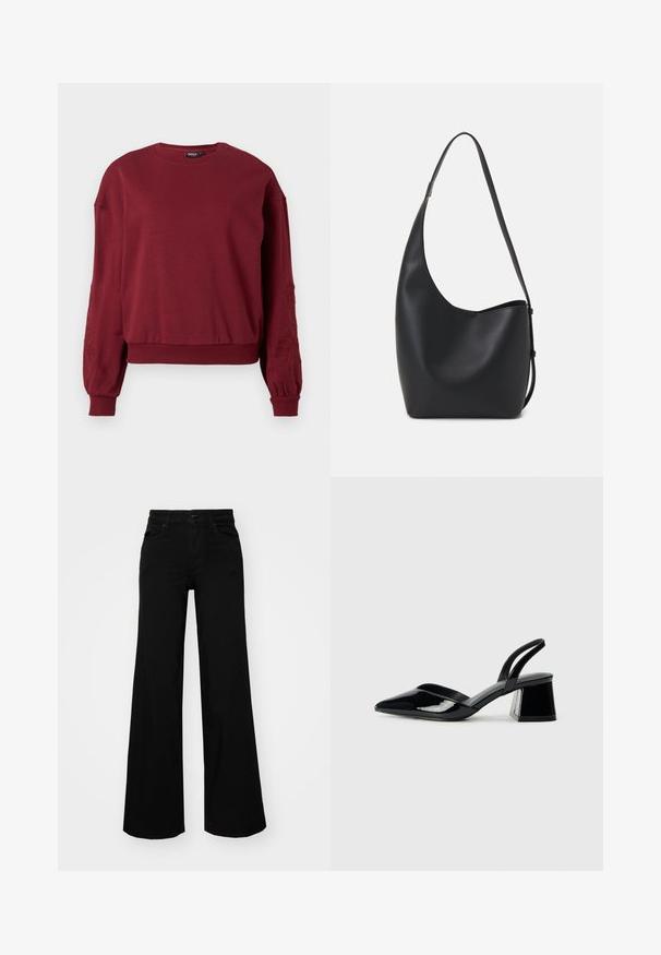 Bordeaux lange mouwen sweatshirt met ronde hals, geribbelde manchetten en zoom, met subtiele bloemmotieven geborduurd op de mouwen.; Zwarte wijdvallende broek van denim, met een gestructureerde tailleband, riemlussen en voorzakken. Glad van textuur met een klassiek ontwerp.; Zwarte gepatineerde leren slingback hakken met een spitse neus en een geometrische blokhak. Kenmerkt zich door een slank, minimalistisch ontwerp en een gladde textuur.; Zwarte leren hobo tas met een gladde textuur, kromme vorm en een enkele verstelbare schouderband; heeft een brede opening aan de bovenkant.