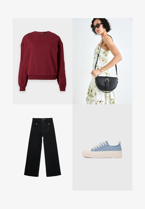 Burgundska dolga majica s dolgimi rokavi in okroglim vratom, z rebrom na manšetah in ob robu, opremljena z diskretno cvetlično vezenino na rokavih.; Črne široke kavbojke z visokim pasom, ki imajo dva sprednja žepa in kovinske gumbi. Tkanina ima gladko teksturo.; Svetlo modri platneni športni copati z kremnim gumijastim zaščitnikom na prstih in podplatom, z belimi vezalkami in zanko na peti.; Črna usnjena torbica s ukrivljeno obliko, z odstranljivo naramnico in zlatimi dodatki. Torbica ima pokrov s podrobnostmi v obliki zaponke.