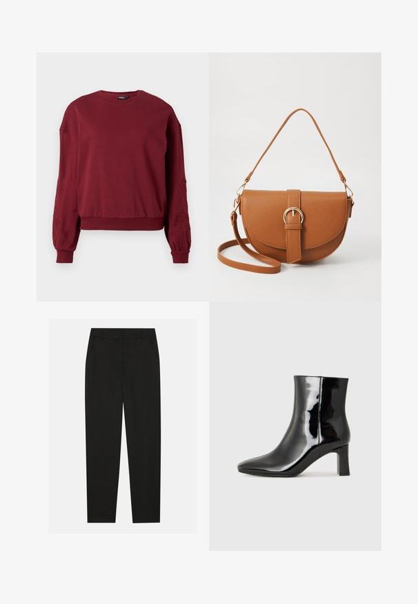 Burgundy long-sleeve sweatshirt with crew neck, ribbed cuffs and hem, featuring subtle floral embroidery on the sleeves.; Black trousers with a tailored design, featuring side pockets and a straight leg. Made from smooth, lightweight fabric with a sleek finish.; Black patent leather ankle boot with a pointed toe and a mid-height block heel. Smooth texture and minimalist design.; Brown leather crossbody bag with a curved shape, gold hardware, and a buckle accent. Features a detachable shoulder strap.