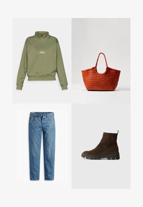 Oliwkowy, zipowany sweatshirt z półgolfem i ściągaczami przy mankietach. Posiada biały, haftowany logo na piersi. Miękka, teksturowana tkanina.; Niebieskie dżinsy z prostym krojem nogawki, z zapięciem na suwak, dwiema przednimi kieszeniami i delikatnym przetarciem na całej powierzchni materiału.; Brązowy zamszowy botek za kostkę z masywną czarną gumową podeszwą, posiadający lekki obcas i pętelkę z tyłu ułatwiającą zakładanie.; DRAGON DIFFUSION NANTUCKET pomarańczowy