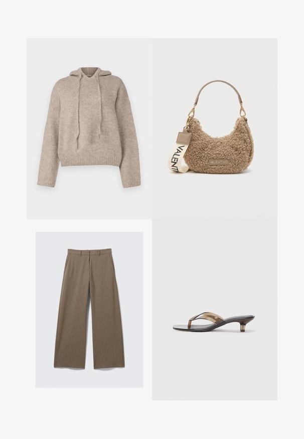 Beige kötött kapucnis pulóver, laza szabással, hosszú ujjal és nyaknál húzózsinórral. Texturált anyag és bordás szegély részlet.; Barna csíkos, bő lábú nadrág sima textúrával és klasszikus dizájnnal, derékrésszel és elülső pliszékkal a szabott illeszkedés érdekében.; Átlátszó sarkú papucs vékony pántos dizájnnal, fekete talppal és világosbarna kiegészítőkkel, minimalista esztétikát kínál.; Barna, plüss anyagból készült, textúrált kézitáska, ívelt formával, rövid fogantyúval és levehető pánttal, amelyen a "VALENTINO" felirat található.