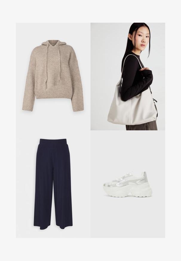 Hoodie bege tricotado com um corte descontraído, mangas longas e cordão no pescoço. Tecido texturizado e detalhe em ribana na bainha.; Calças largas em tecido azul-marinho escuro com uma textura ribada. Apresenta uma cintura suave e uma silhueta fluida, atingindo o comprimento até metade da panturrilha.; Sapatilha prateada com um cabedal em malha texturizada e detalhes iridescentes, apresentando uma sola branca robusta e fecho de atacador.; Uma bolsa bege feita de material macio, com um design descontraído, detalhes de costura e duas alças para o ombro. Adequada para uso diário.
