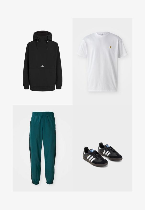 Cazadora negra con capucha, puños elásticos y dobladillo inferior. Tiene un bolsillo frontal y un logo triangular en el pecho.; Camiseta de algodón blanca con mangas cortas, cuello redondo, que presenta un pequeño logo dorado en la parte izquierda del pecho. Textura suave y corte regular.; Pantalones deportivos en color verde azulado con cintura ajustable por cordón, puños elásticos y rayas negras en los lados. Fabricados con un tejido ligero, presentan un logo cerca de la cadera.; Zapatillas negras con un upper de ante y sintético, con tres rayas blancas, suela de goma texturizada y etiqueta de logo azul en la lengüeta.