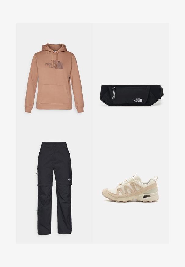 Felpa marrone realizzata in morbido tessuto, con tasca a marsupio e cappuccio con lacci. Il logo The North Face è ben in evidenza.; Pantaloni cargo in nylon nero con zip rimovibile, polsini regolabili, molteplici tasche e un logo sulla gamba destra. Tessuto liscio e leggero.; Scarpa atletica beige e crema con tomaia in mesh testurizzato, sovrapposizioni supportive e suola in gomma con un motivo a tasselli per la trazione.; The North Face SUNRISER RUN BELT UNISEX - Marsupio - black/white