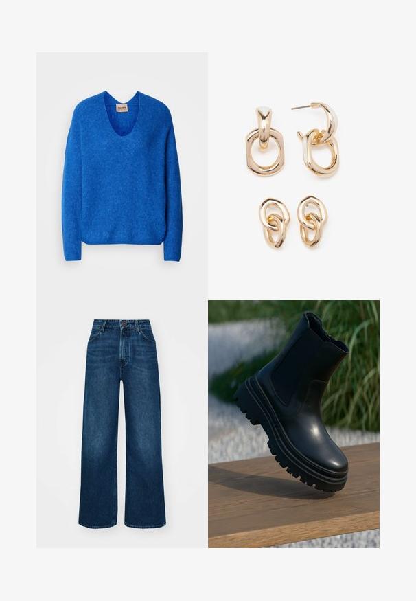Sweater azul de lã com decote em V, corte relaxado e mangas longas. Padrão de tricô texturizado por toda a peça com bordas em canelado.; Jeans de cintura alta e pernas largas em denim azul escuro com uma textura suave, costuras em contraste e design de cinco bolsos. Fecho frontal com botão.; Bota de tornozelo em couro preto com sola robusta, painéis laterais elásticos e acabamento suave. Design elevado com detalhe de solado em contraste.; Brincos em tom de ouro com uma mistura de formas geométricas: um quadrado, um círculo e desenhos ovais ligados, todos com um acabamento polido.
