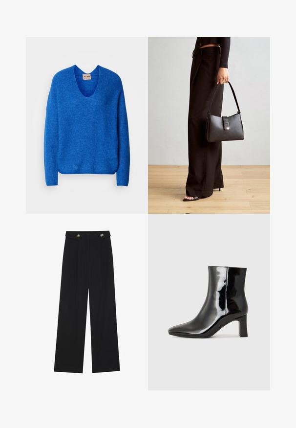 Sweater azul de lã com decote em V, corte relaxado e mangas longas. Padrão de tricô texturizado por toda a peça com bordas em canelado.; Calças largas pretas com cintura alta, detalhes em botão na cintura e pregas frontais.; Botim de tornozelo em pele sintética preta com bico apontado e salto bloco de altura média. Textura suave e design minimalista.; Bolsa preta com forma estruturada, textura suave e um fecho metálico. Combinada com calças largas pretas e sandálias de salto aberto sobre um chão de madeira.