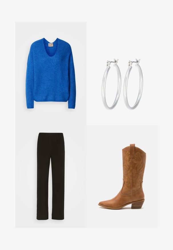Modra volna pulover s V-izrezom, sproščenega kroja in dolgimi rokavi. Teksturna pletenina po celotni površini s rebrastimi robovi.; Črne hlače straight-leg iz tkanine, z ravnim sprednjim delom, dvema stranskima žepoma in gladko teksturo. Brez vidnih vzorcev ali dodatkov.; Rjavi usnjeni kauboj čevlji s koničastim nosom, vezenimi vijugastimi vzorci na zgornjem delu in zloženim kvadratnim peto. Imajo zanko za enostavno obuvanje.; Srebrni obroči za ušesa z gladko, polirano površino. Okrogla oblika in varna zaponka s klikom. Lahka zasnova, primerna za vsakodnevno nošenje.