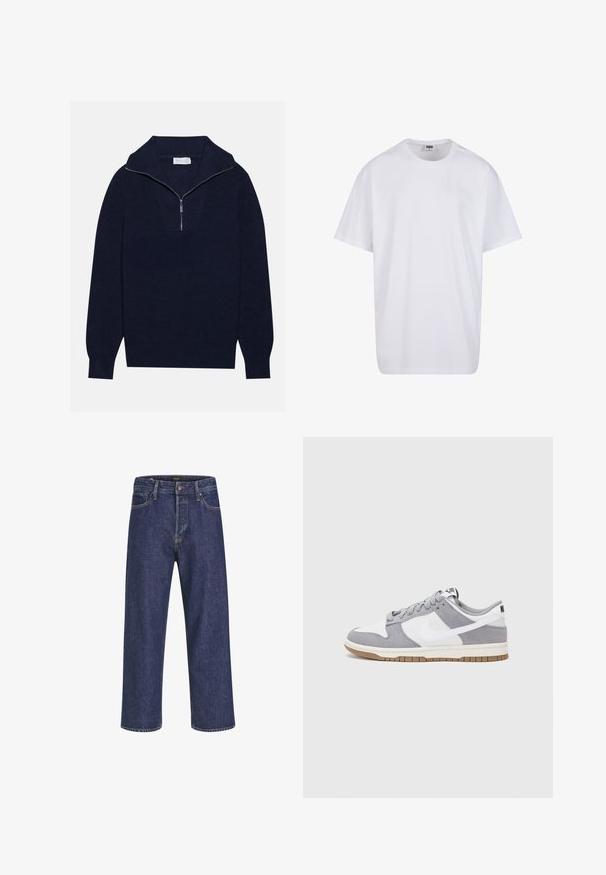Pulover tricotat de culoare albastru marin, cu guler cu jumătate de fermoar, având o textură ribbed și un design în formă de V pe față. Mâneci lungi și tiv ajustat.; Tricou alb din bumbac cu mâneci scurte, decolteu rotund, croială lejeră și fără logo-uri sau modele vizibile. Textură netedă și design minimalist.; Jeans din denim albastru închis, cu o croială dreaptă, design cu cinci buzunare, închidere cu nasture metalic și cusături contrastante, având o textură subtilă.; Sneaker gri și alb, cu un superior din suede și piele, vârf rotund, șireturi plate și o talpă din cauciuc ce prezintă un accent de culoare gum.