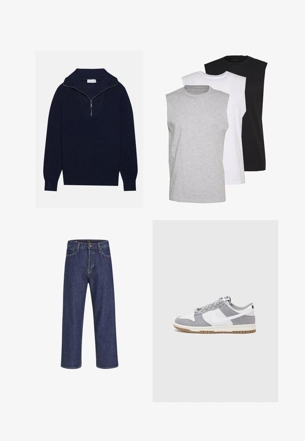 Dunkelblaues Strickpullover mit einem halben Reißverschluss-Kragen, der eine gerippte Textur und ein V-förmiges Design auf der Vorderseite bietet. Lange Ärmel und taillierter Saum.; Drei ärmellose T-Shirts in Grau, Weiß und Schwarz. Weiches Baumwollmaterial mit Rundhalsausschnitt und lockerer Passform. Einfaches Design, keine Muster.; Dunkelblaue Denim-Jeans mit geradem Schnitt, Fünf-Taschen-Design, Metallknopfverschluss und kontrastierenden Nähten, die eine dezente Textur aufweisen.; Graue und weiße Sneaker mit einem Obermaterial aus Wildleder und Leder, abgerundeter Spitze, flachen Schnürsenkeln und einer Gummisohle mit einem Kautschukakzent.