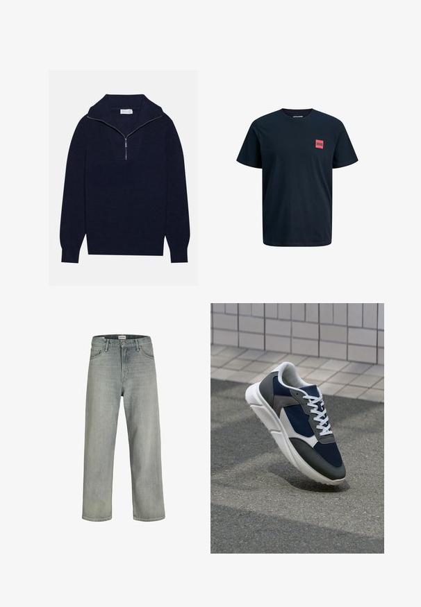 Marineblauwe gebreide trui met een halve ritssluiting, voorzien van een ribbelstructuur en een V-vormig ontwerp op de voorkant. Lange mouwen en een aansluitende zoom.; Navyblauwe katoenen T-shirt met korte mouwen, ronde halslijn en een roze vierkant logo op de linkerkant van de borst. Glad textuur, regular fit.; Lichtgrijze, loszittende spijkerbroeken van denim. Beschikt over een klassiek vijf-pocket ontwerp, riemlussen en een rechte pijp silhoët.; Sneaker met een marineblauwe mesh bovenwerk, grijze suède accenten, witte rubberen zool en platte witte veters, ontworpen voor comfort en ademend vermogen.