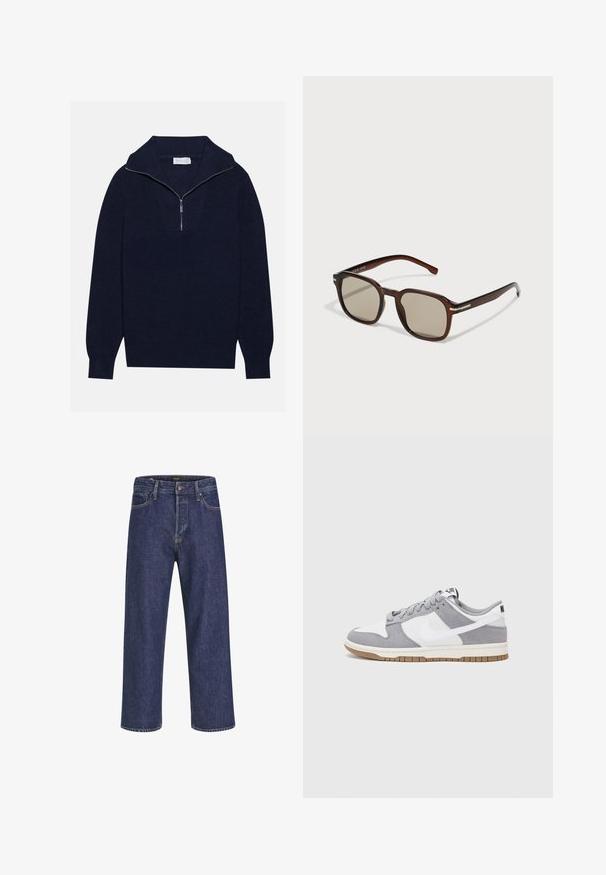 Maglione a maglia blu navy con colletto a mezza zip, caratterizzato da una texture a coste e un design a forma di V nella parte anteriore. Maniche lunghe e orlo aderente.; Jeans in denim blu scuro con taglio dritto, design a cinque tasche, chiusura con bottone in metallo e cuciture in contrasto, caratterizzati da una leggera trama.; Sneaker grigia e bianca con tomaia in suede e pelle, punta arrotondata, lacci piatti e soletta in gomma con un accento color caramello.; Occhiali da sole rettangolari marroni con lenti colorate, montatura in plastica e dettagli in metallo sui lati. Presentano un design elegante e una superficie liscia.