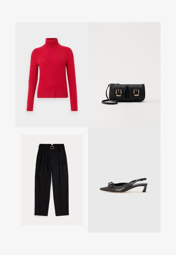 Piros kötött garbó pulóver hosszú ujjakkal, bordás mandzsettával és aljjal. Kicsi kék logóval az mellkason.; Fekete, magas derekú nadrág övvel, húzott elejű és széles szárú kialakítással. Sima anyagból készült, klasszikus szabással.; Fekete bőr szandál kis sarkú, hegyes orral, díszes csattal a felsőrészen. Simább textúra, minimalista design.; Fekete bőr keresztbody táska két elülső zsebbel, arany csattokkal, cipzáras záródással és vékony pánttal. Textúrált felület és kompakt téglalap alak.