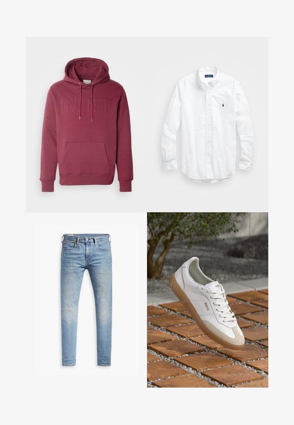 GANT EMBOSSED - Jersey con capucha - wine red; Camisa blanca de manga larga de algodón con botones. Presenta un cuello clásico, puños con botones y un pequeño logo bordado en azul marino en el pecho.; Jeans ajustados de color azul claro con un ligero desgaste en los muslos, cierre frontal con botón, trabillas para cinturón y estilo de cinco bolsillos sobre un fondo blanco.; Zapatilla de cuero blanca con acentos de ante beige, con puntera redonda, cierre de cordones en la parte delantera y suela de goma marrón, que muestra el nombre de la marca "BOSS."