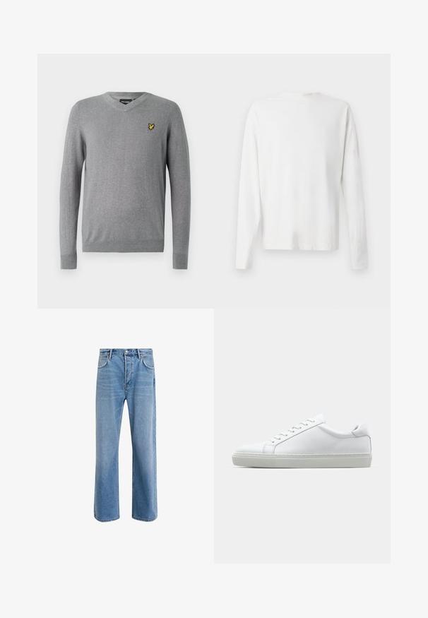 Lyle & Scott V NECK - Trui - mid grey; Witte katoenen blouse met lange mouwen en een ronde halslijn, met zijsplitten aan de onderkant en een gladde textuur, vanuit de achterkant weergegeven.; Lichtblauwe denim jeans met een straight-leg ontwerp, vijf zakken, knoopsluiting, minimale vervaging en contrasterende stikseldetails.; Witte sneaker met een gladlederen bovenwerk en een laag profiel. Voorzien van een ronde neus, zes vetergaatjes en een gestructureerde rubberen zool.