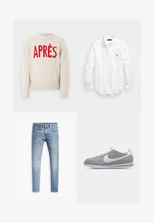 Beige knitted sweater with ribbed cuffs and hem, featuring bold red text "APRÈS" across the chest.; White long-sleeve button-up shirt in cotton. Features a classic collar, button cuffs, and a small navy embroidered logo on the chest.; Light blue slim-fit jeans with slight fading on thighs, front button closure, belt loops, and five-pocket styling on a white background.; Gray athletic shoe with a suede and textile upper, white Nike swoosh, and white laces. Features a textured rubber sole and padded collar.