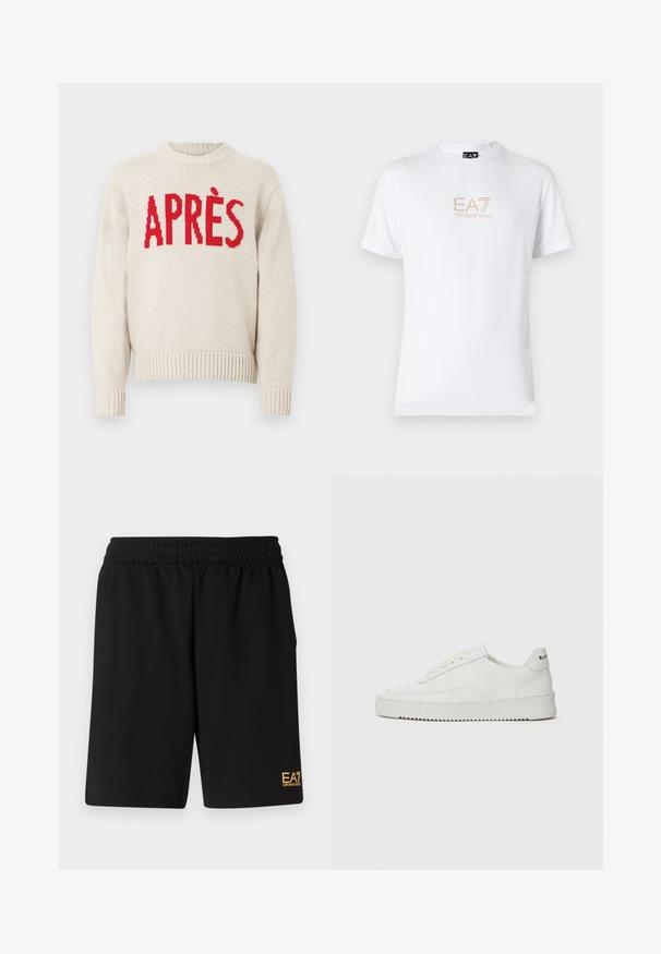 Pull en tricot beige avec des poignets et un ourlet côtelés, mettant en avant le texte rouge audacieux "APRÈS" sur la poitrine.; T-shirt en coton blanc avec un col rond et des manches courtes, orné d'un logo doré EA7 Emporio Armani imprimé sur le devant.; Shorts de sport noirs en tissu doux, avec une taille élastique et un petit logo jaune EA7 sur le bas de la jambe gauche.; Baskets en cuir blanc avec une finition lisse, bout arrondi, lacets plats et semelle texturée. Présente un logo discret sur le talon.