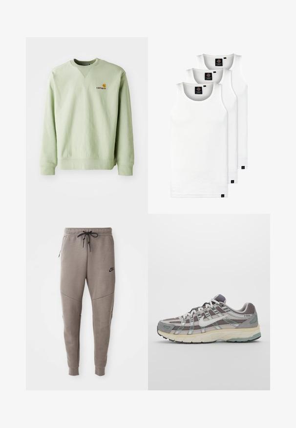 Jasnozielony sweatshirt wykonany z mieszanki bawełny. Posiada ściągacze przy rękawach i u dołu, a na klatce piersiowej znajduje się małe haftowane logo. Prosty design, okrągły dekolt.; Trzy białe prążkowane koszulki na ramiączkach wykonane z bawełny. Posiadają okrągły dekolt i małe czarne metki blisko dolnego brzegu. Dostępne w różnych rozmiarach.; Szare dresy Nike z elastycznym pasem ze sznurkowym zapięciem, zwężanymi nogawkami, bocznymi kieszeniami i wyraźnymi detalami szwów. Miękka, teksturowana tkanina.; Szare buty sportowe z siateczkowym i zamszowym wierzchem, białymi akcentami, amortyzowaną podeszwą oraz charakterystycznym designem z elementami odblaskowymi.