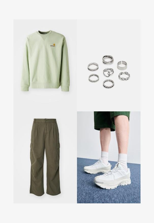 Heled roheline puuvillaseguse materjaliga dressipluus. Omab ribakudde ja alumist äärt, rinnal on väike tikandiga logo. Lihtne disain, ümar kaelus.; Olivi rohelised cargo püksid, valmistatud puuvillast, laia jala disainiga, voldikute ja küljetaskutega praktilisuse huvides.; Valged sportsijalatsid tekstuursete pealsete, kopsaka tallaga ja hallide aktsentidega. Kanda valgete lühikeste sokkidega ja roheliste lühikeste pükstega sinisel pinnal.; Seitsme hõbesõrmuse komplekt, millel on erinevad kujundid, sealhulgas keerdunud, seotud ja graveeritud mustrid. Erinevad kujundid ja laius.