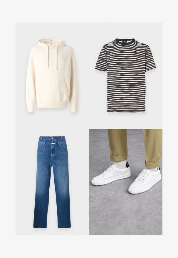 Krémová mikina s kapucí vyrobená z měkké tkaniny, s klokaní kapsou, žebrovanými manžetami a texturovaným povrchem.; Černobílé pruhované tričko s kulatým výstřihem, krátkými rukávy a měkkou texturou. Má střídavé silné a tenké pruhy.; Modré džínové kalhoty s rovnými nohavicemi, vybavené zapínáním na knoflík, poutky na opasek a jemným vyšisováním na stehnech.; Bílé tenisky s texturovaným koženým povrchem, zaoblenou špičkou a černým akcentem na patě. Gumová podrážka s malým vzorem a šitými detaily.